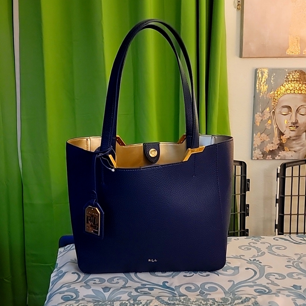 Ralph Lauren navy blue medium tote bag with button closure